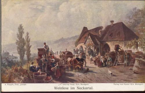 1912 -Weinlese im Neckartal-, Weinfässer, Ochsenkarren, Fachwerkhaus,Gustav Eyh,sign. Prof. A. Kappis AKU2