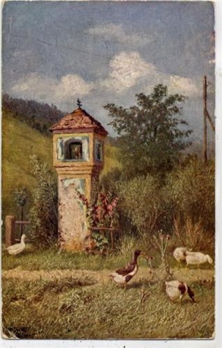 1924 Turm auf der Wiese, Gänse, Künstler AK, Sign.,Josef Oberle