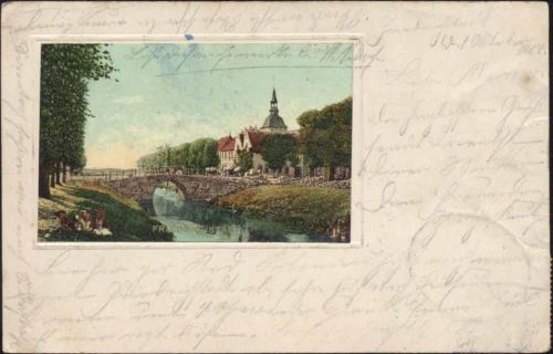 1904 Friedrichstadt, Ansicht mit Kirche, Fluss, Brücke
