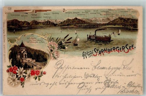 Berg Panorama des Starnberger Sees mit Karwendel- und Wettersteingebirge Votiv-Kapelle König Ludwig II Bodenseeschiff Verlag Zieher, Ottmar