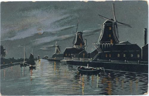 um 1900 Windmühlen am Fluß,Wezel & Naumann