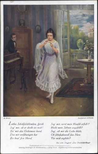 um 1910/20 Szene und Liedtext aus -Das Dreimäderlhaus-, elegante Frau, Klavier, Künstler-AK,sign. A. Broch