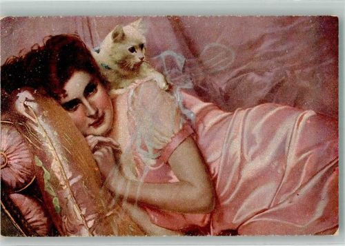 sign. Corcos Auf Kanapee liegnde junge Frau mit Katze auf der Schulter Salon J.P.P. 2120