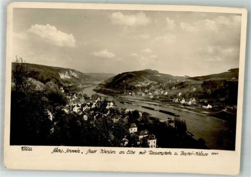 Wehlen Stadt Panorama des Ortes mit Rauenstein und Bastei Fotograf Walter Hahn