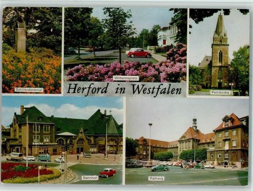 Herford Schillerdenkmal Wilhelmsplatz Petrikirche Bahnhof Rathaus