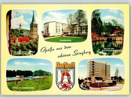 Siegburg St. Servatius-Kirche und Michaelsberg Stadthalle Partie am Schwanenteich Städt. Schwimmbad Schwesternheim