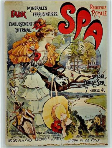 Spa Perle der Ardennen Elegante Dame mit Hut in der Hand Karte von einem Plakat