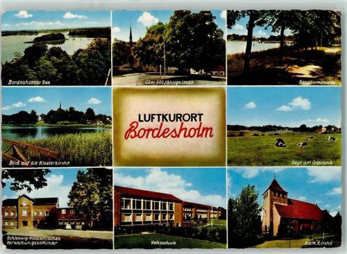 Bordesholm Bordesholmer See Blick auf Klosterkrche Schleswig-Holsteinisches Verwaltungsseminar 600jährige Linde Volksschule Seepromenade Idyll am Ortsrand Kühe Kath. Kirche