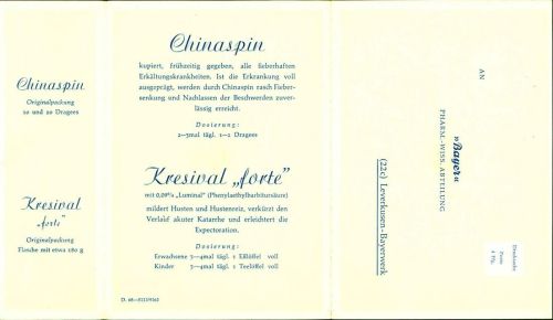 Leverkusen Bayer Werbung, "Chinaspin", "Kresival forte", Klappkarte