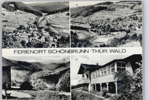 Schönbrunn Blick zum Schwimmbad, Blick vom Köpfchen, Berghütte auf dem Köpfchen, Ortsteil Oberneubrunn