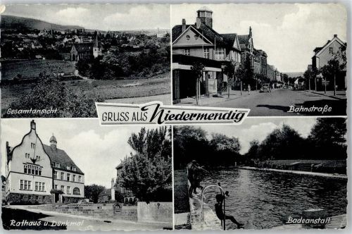 56743 W5442 Niedermendig , Kr Mayen - Rathaus, Denkmal, Bahnstraße, Schwimmbad