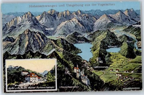 Hohenschwangau Blick aus der Vogelschau, Hotel, Pension Müller, Schloß Neuschwanstein, Sign. E. Felle