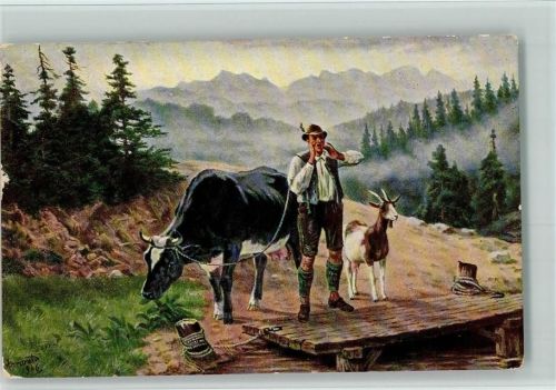 1907 Bauer mit Kuh und Ziege ruft nach der Fähre AK