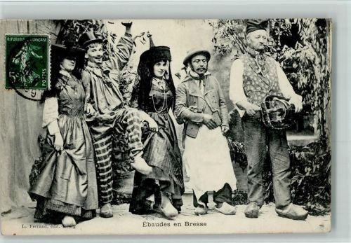 1908 Ebaudes en Bresse - Typen Tanzgruppe mit Altertümliches Musikinstrument - Volkstypen , Holzschuhe