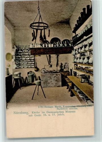 Nürnberg 1902 Germanisches Museum Küche mit Geräten 16 und 17. Jahrhundert Tellerboard Hackklotz Kochstelle Krüge No.1191