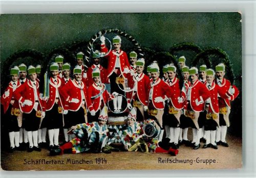 München 1914 Reifschwung-Gruppe Schäfflertanz Offizielle Postkarte Tänzer-Comité