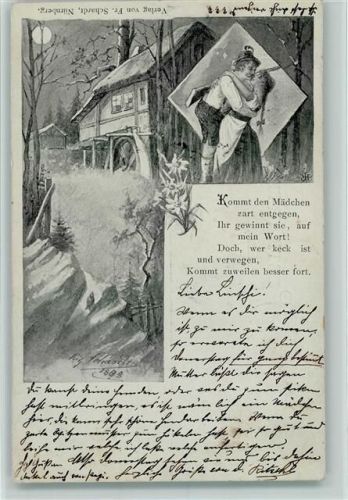 Wald Nacht Haus mit Wassermühle Küssendes Paar