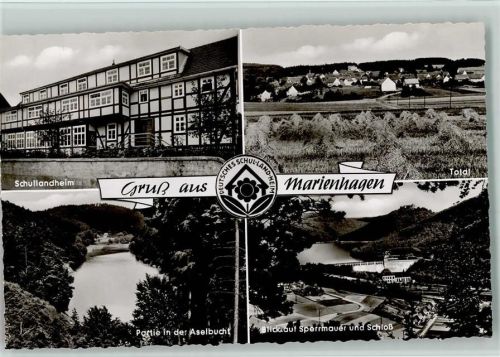 Marienhagen Schullandheim Partie in der Aselbruch Blick auf Sperrmauer und Schloß 4-Bildaufnahme