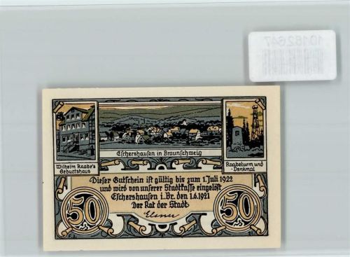 Eschershausen Notgeld Wilhelm Raabes Geburtshaus Raabeturm Raabedenkmal