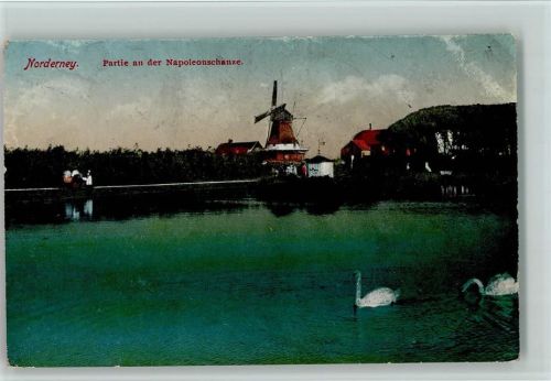 Norderney Partie an der Napoleonschanze Schwäne Windmühle
