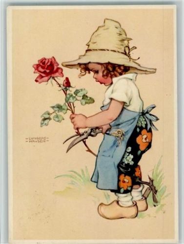 1940 sign Lungers Hausen - Kind mit Rosen und einer Rosenschere , Holzschuhe AK