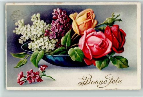 1934 Bonne Fete - Blumenschale mit Rosen und Flieder AK