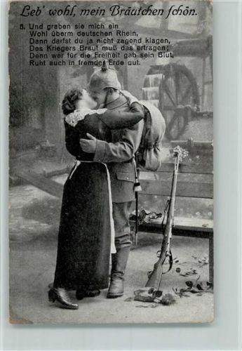 Leb wohl mein Bräutchen schön Soldat küsst Frau Gedicht Gewehr