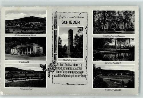 Schieder Blick von der Hohen Warte Trinkhalle Schwimmbad Kahlenbuergturm Schloß mit Springbrunnen Partie im Kurpark Blick auf Schieder