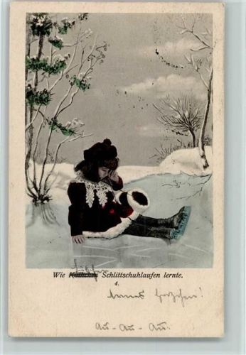 1902 Nr. 4 Serie Käthchen beim Schlittschuhlaufen, handcoloriert