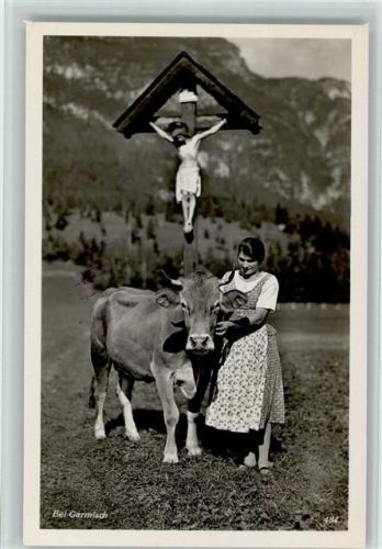 1938 Wegekreuz - Bäuerin mit ihrer Kuh AK