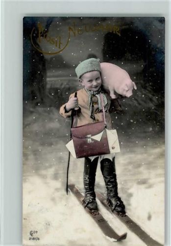 1909 Serie 2181-6 Neujahr - Kind auf Ski mit einem Schwein AK