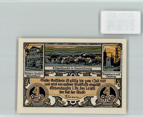 Eschershausen Notgeld Wilhelm Raabes Geburtshaus Raabeturm und -Denkmal