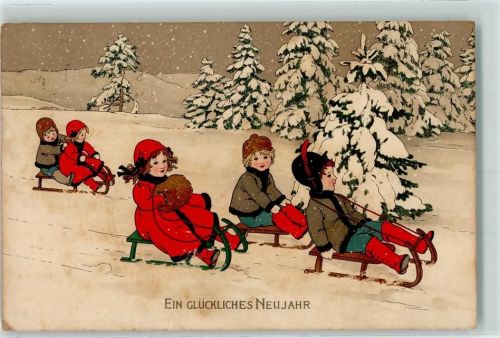 1913 Litho - Kinder rodeln , Neujahr , Meissner & Buch AK