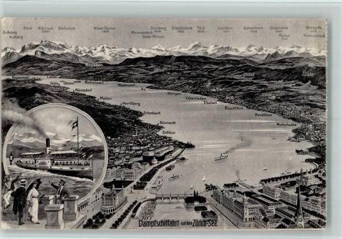 Zürichsee 1927 Dampfschifffahrt auf dem Zürichsee Karte Helvetia