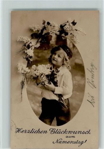 1912 Namenstag - Kinder mit Fliederstrauß und Girlande AK