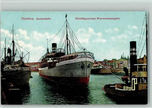 1913 Baakenhafen - Einschleppen des Woermannndampfers AK
