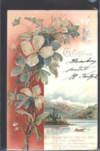 1900 mit Glasperlenauflage Gruss aus Spruch AK