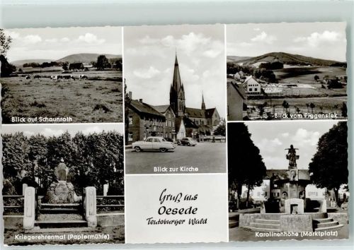 49124 W4504 Oesede - Blick auf Schaunroth Kriegerehrenmal Papiermühle Blick zur Kirche Blick vom Piggensiek Karolinenhöhe Marktplatz Rückseite mit Abschürfungen bzw Kleberesten