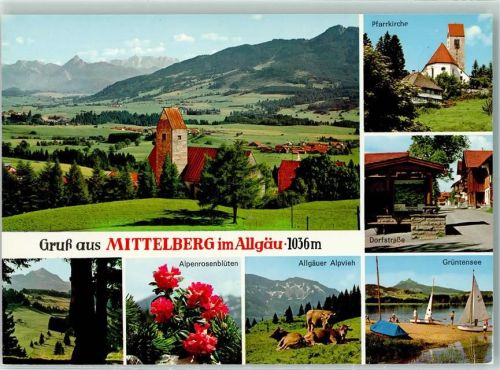 Mittelberg Pfarrkirche Dorfstraße Grüntensee Kühe Alpenrosenblüten Rückseite mit Abschürfungen bzw Kleberesten