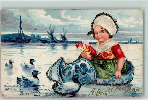 1902 A. Bright New Year Hollandkind Glimmer Prägedruck AK