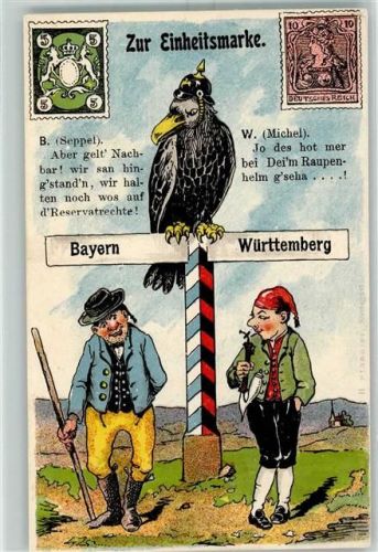 1902 Zur Einheitsmarke Bayer-Württemberg Seppel und Michel AK