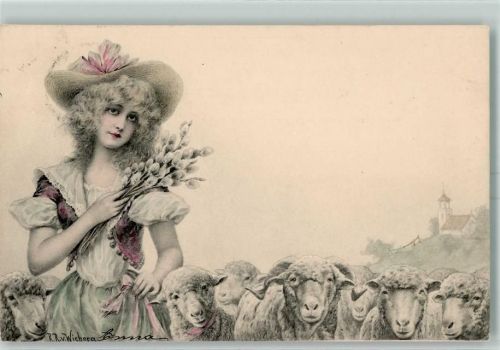1902 M. Munk Vienne Frau Schafe Ostern AK