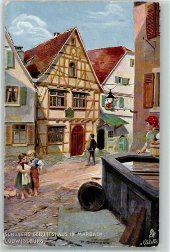 Marbach 1915 Schiller's Geburtshaus Fachwerk Brunnen