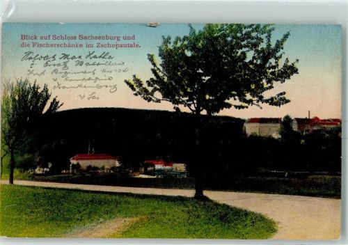 Frankenberg 1915 Blick auf Schloss Sachsenburg u. Fischereischenke in Zschopautale
