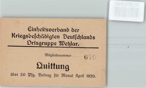 Wetzlar Mitgliedsausweis Nr. 679 Einheitsverband der Kriegsgeschädigten Derutschlands