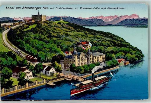 Assenhausen Hotel Leonie Inh. Heinrich Biersack Starnberger See Drahtseilbahn Bismarckturm Dampfschiff Fahne Schwarz-Weiß-Rot