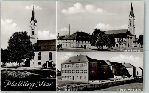 Plattling Kirche Rathaus Schornstein Staatliche Mittelschule Zaun
