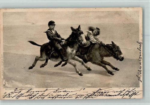 1904 Kinder reiten im Galopp mit einem Esel AK Photogravure