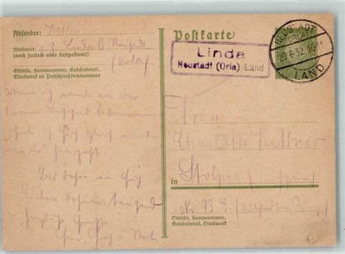 Linda Ganzsache Landpoststempel Neustadt Orla Land