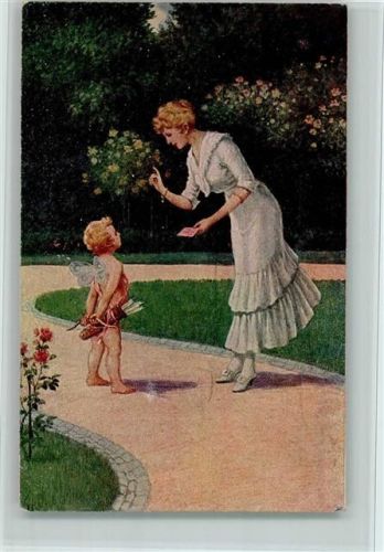 Frau überreicht Amor einen Brief AK